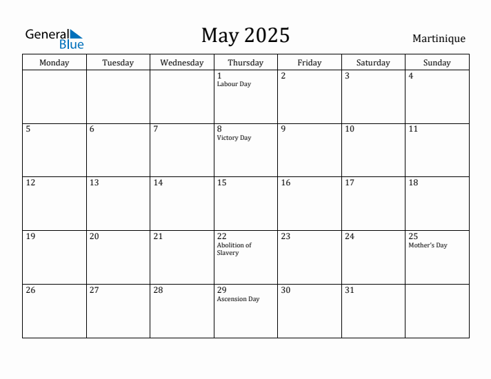 May 2025 Calendar Martinique