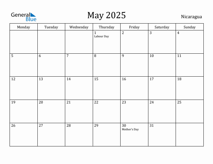 May 2025 Calendar Nicaragua