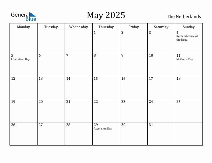 May 2025 Calendar The Netherlands