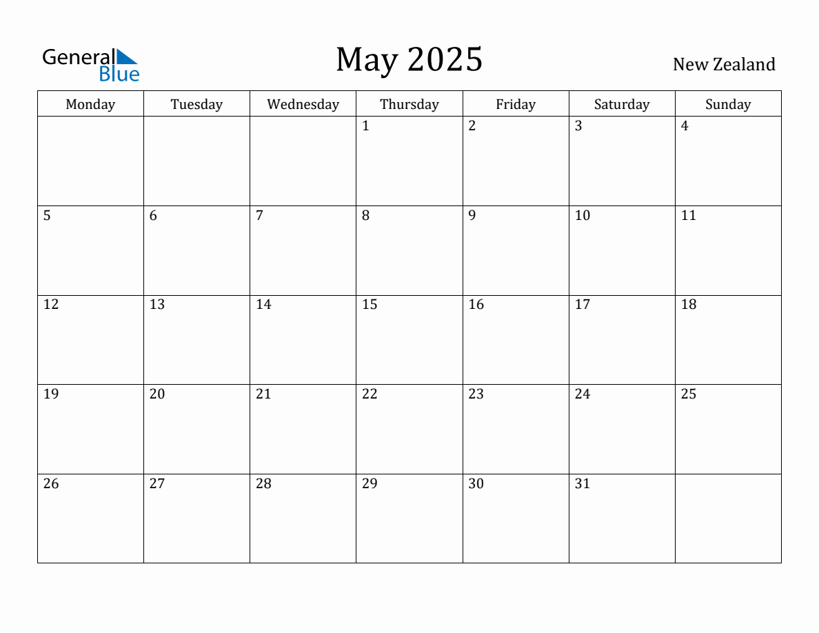 May 2025 - New Zealand Monthly Calendar with Holidays