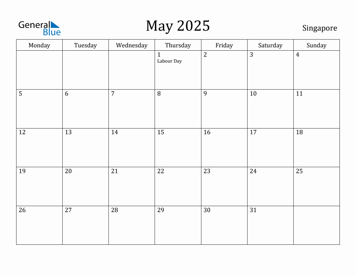 May 2025 Singapore Monthly Calendar with Holidays