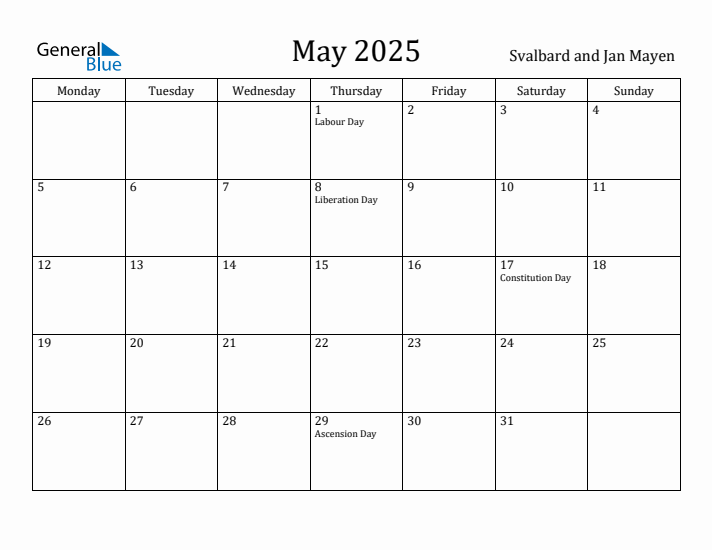 May 2025 Calendar Svalbard and Jan Mayen