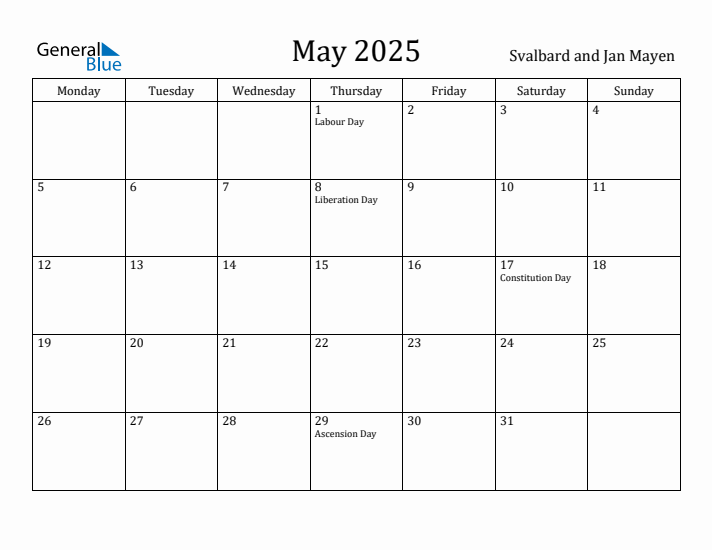 May 2025 Svalbard and Jan Mayen Monthly Calendar with Holidays