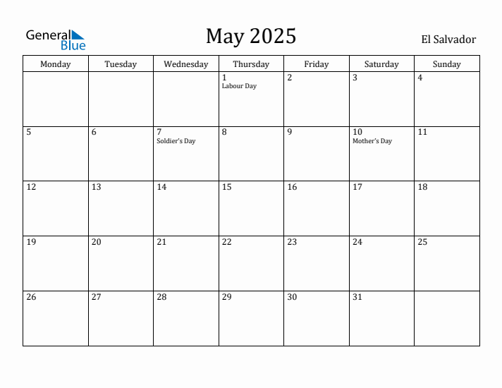 May 2025 Calendar El Salvador