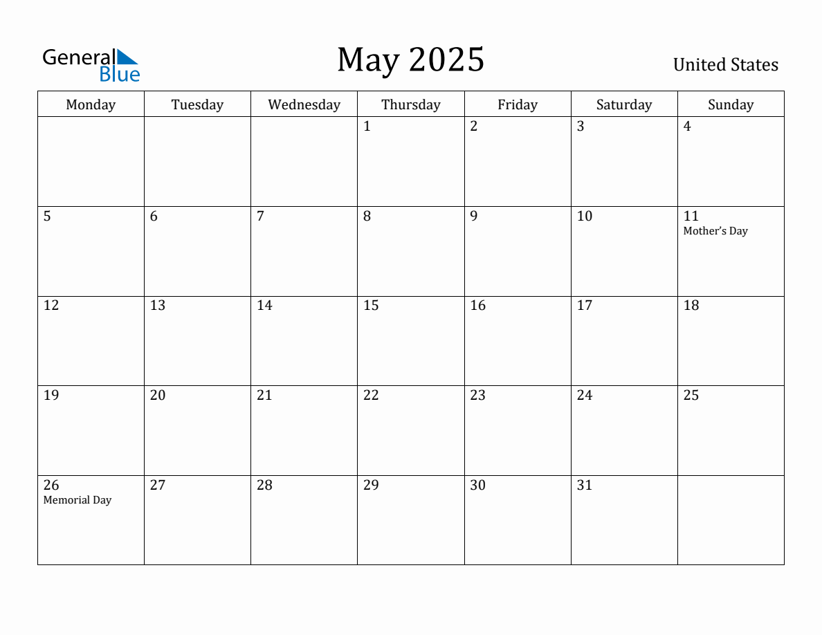 May 2025 United States Monthly Calendar with Holidays