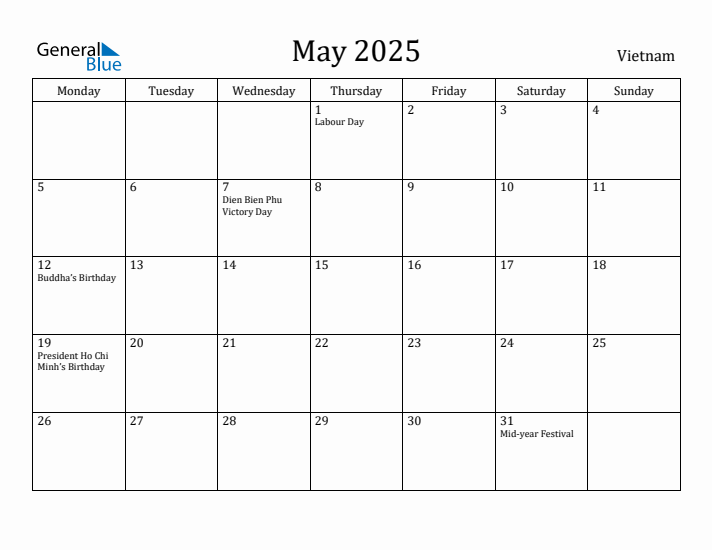 May 2025 Vietnam Monthly Calendar with Holidays