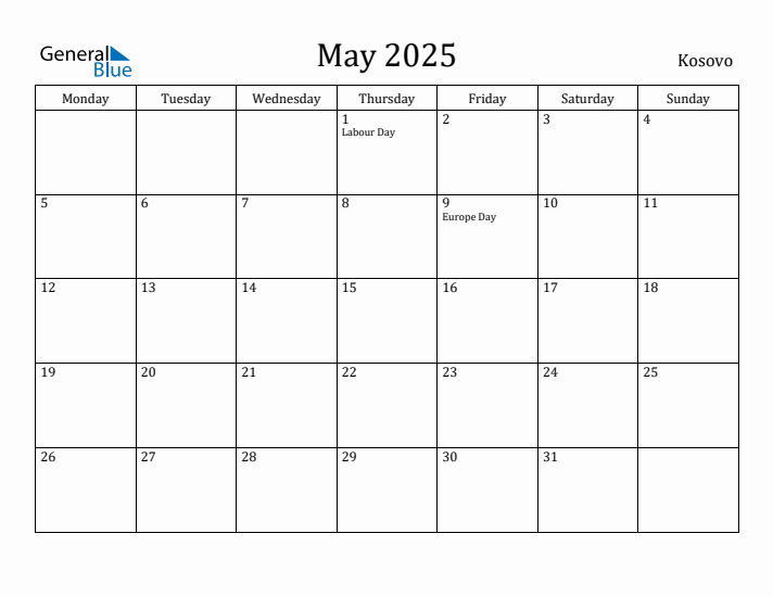 May 2025 Calendar Kosovo