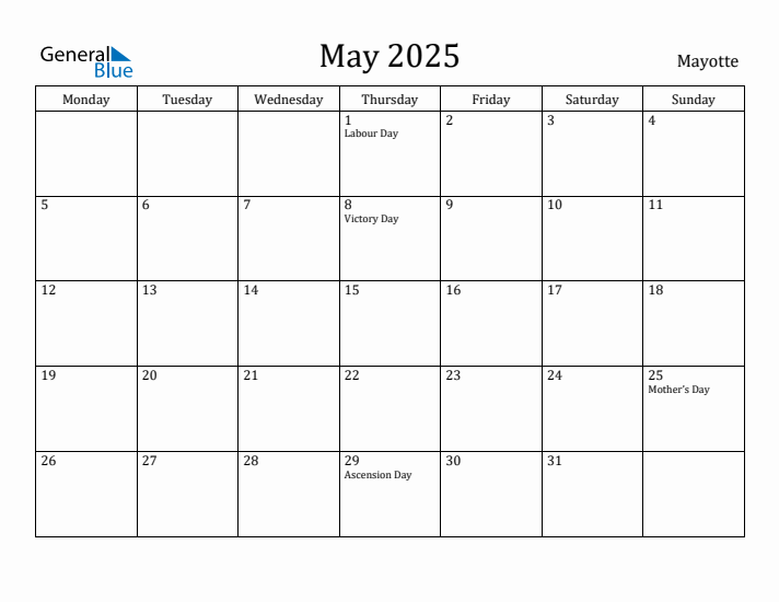 May 2025 Calendar Mayotte