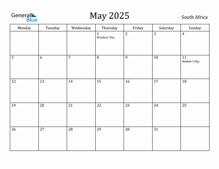May 2025 Calendar South Africa