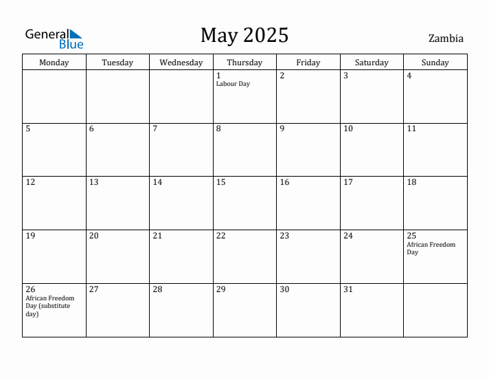May 2025 Calendar Zambia