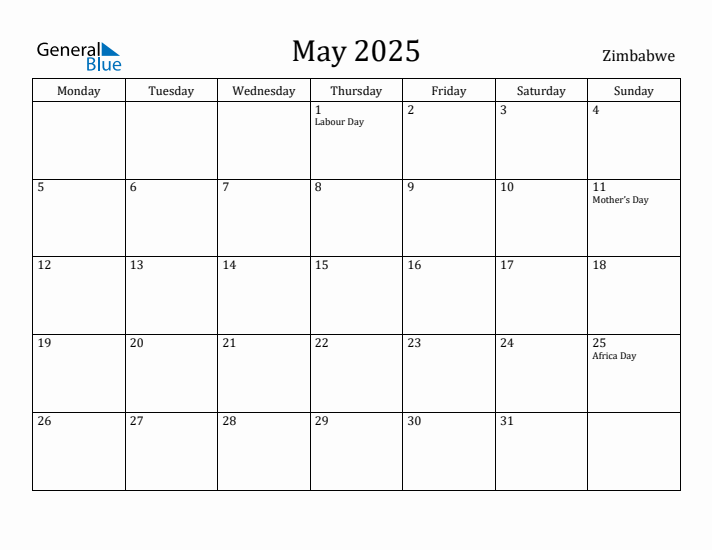 May 2025 Calendar Zimbabwe