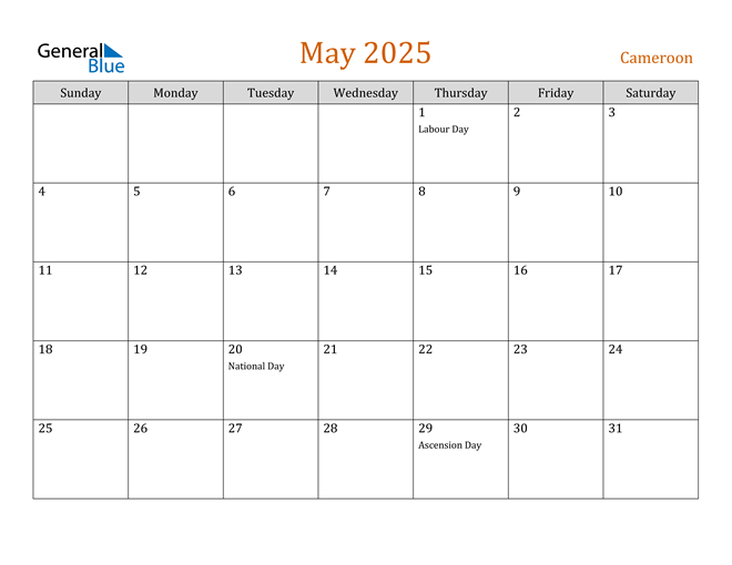 Cameroon May 2025 Calendar with Holidays