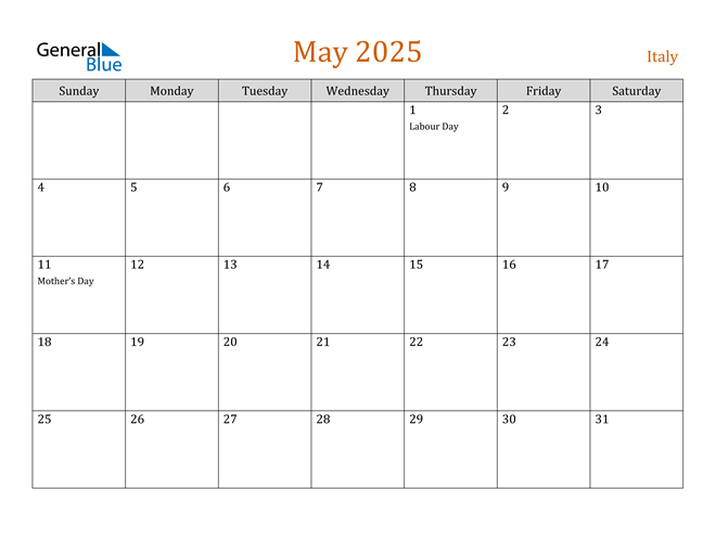 Italy May 2025 Calendar with Holidays