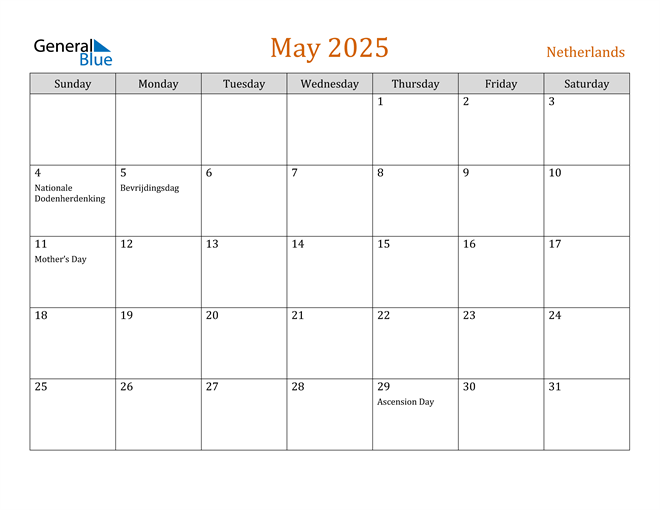 May 2025 Calendar with Netherlands Holidays
