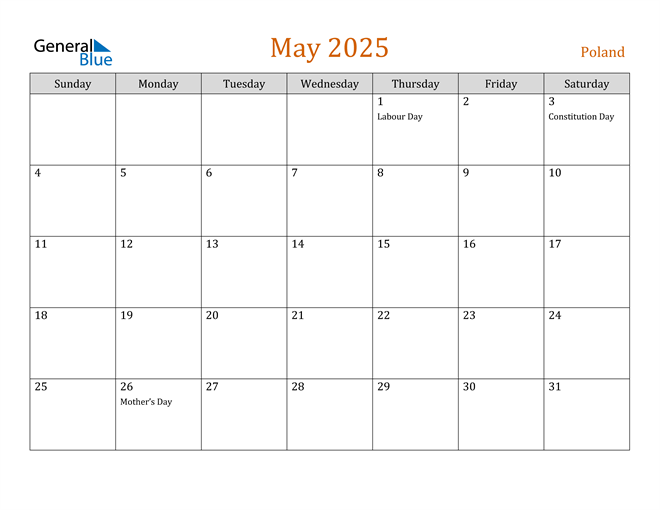 Poland May 2025 Calendar with Holidays