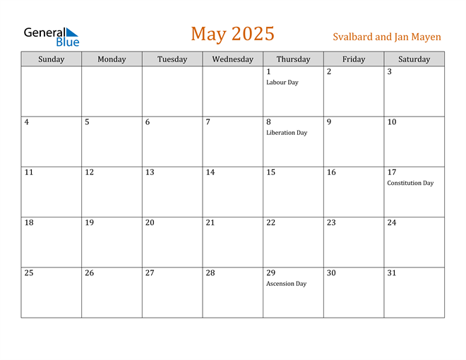 Svalbard and Jan Mayen May 2025 Calendar with Holidays