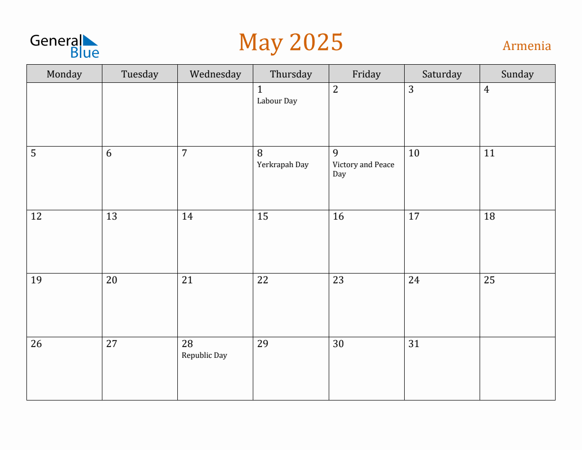 Free May 2025 Armenia Calendar