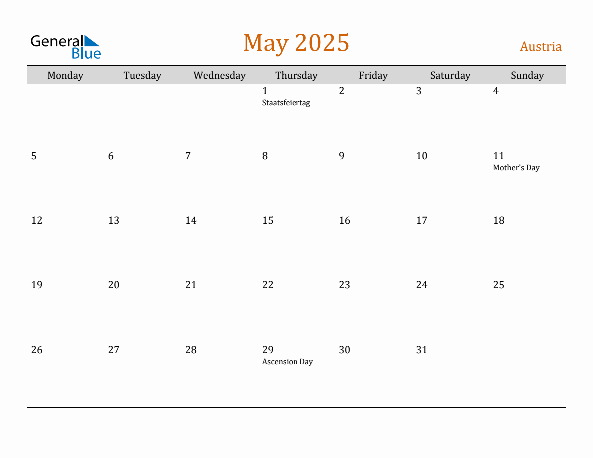 Free May 2025 Austria Calendar