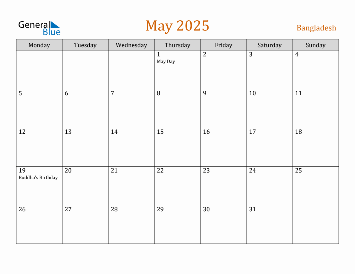 Free May 2025 Bangladesh Calendar