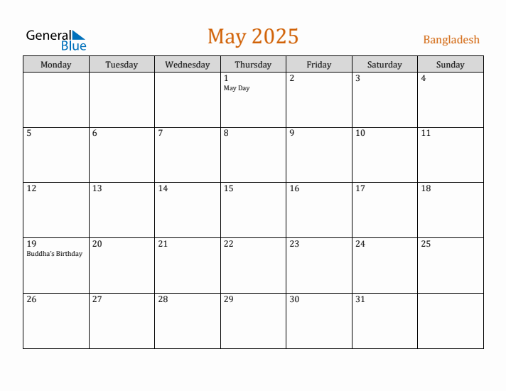 May 2025 Bangladesh Monthly Calendar with Holidays