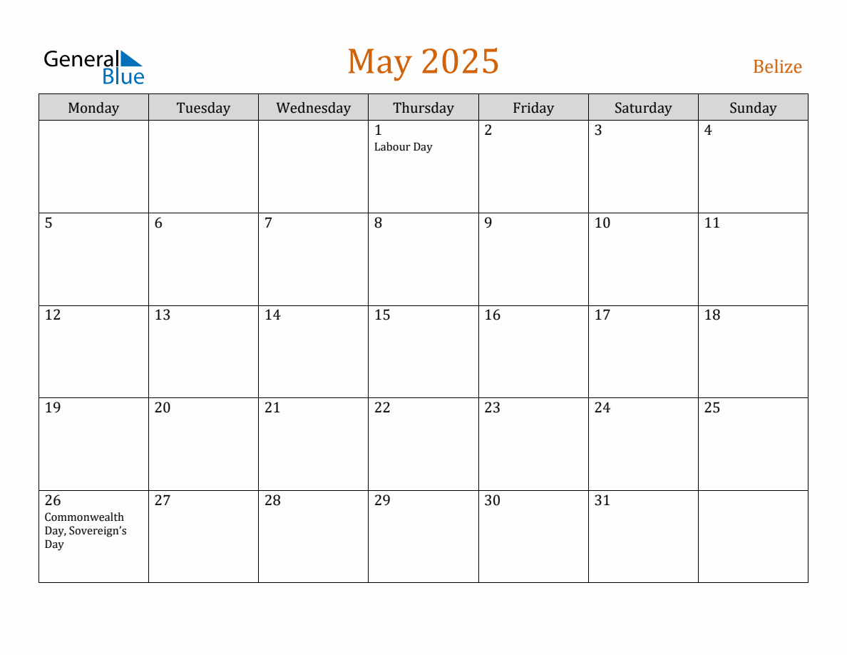 Free May 2025 Belize Calendar