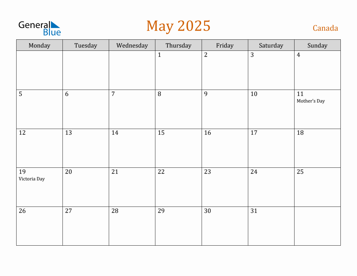 Free May 2025 Canada Calendar