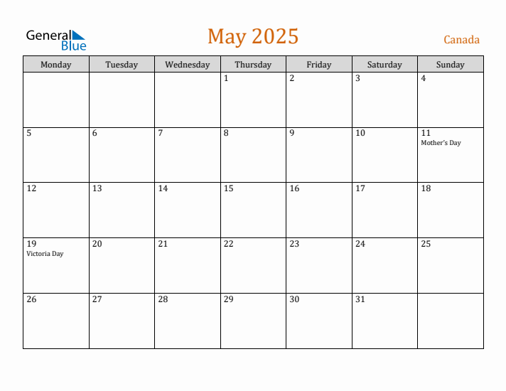 Free May 2025 Canada Calendar