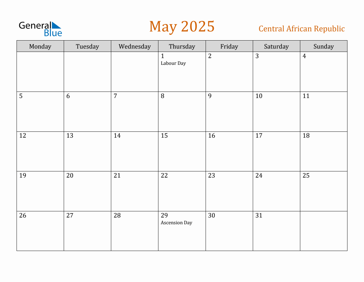 Free May 2025 Central African Republic Calendar