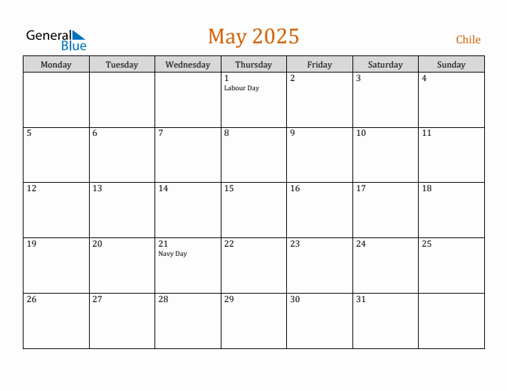 May 2025 Holiday Calendar with Monday Start