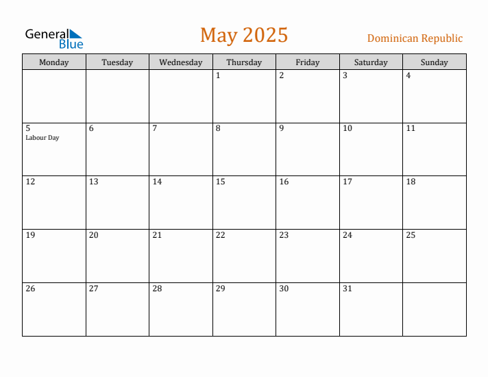 May 2025 Holiday Calendar with Monday Start