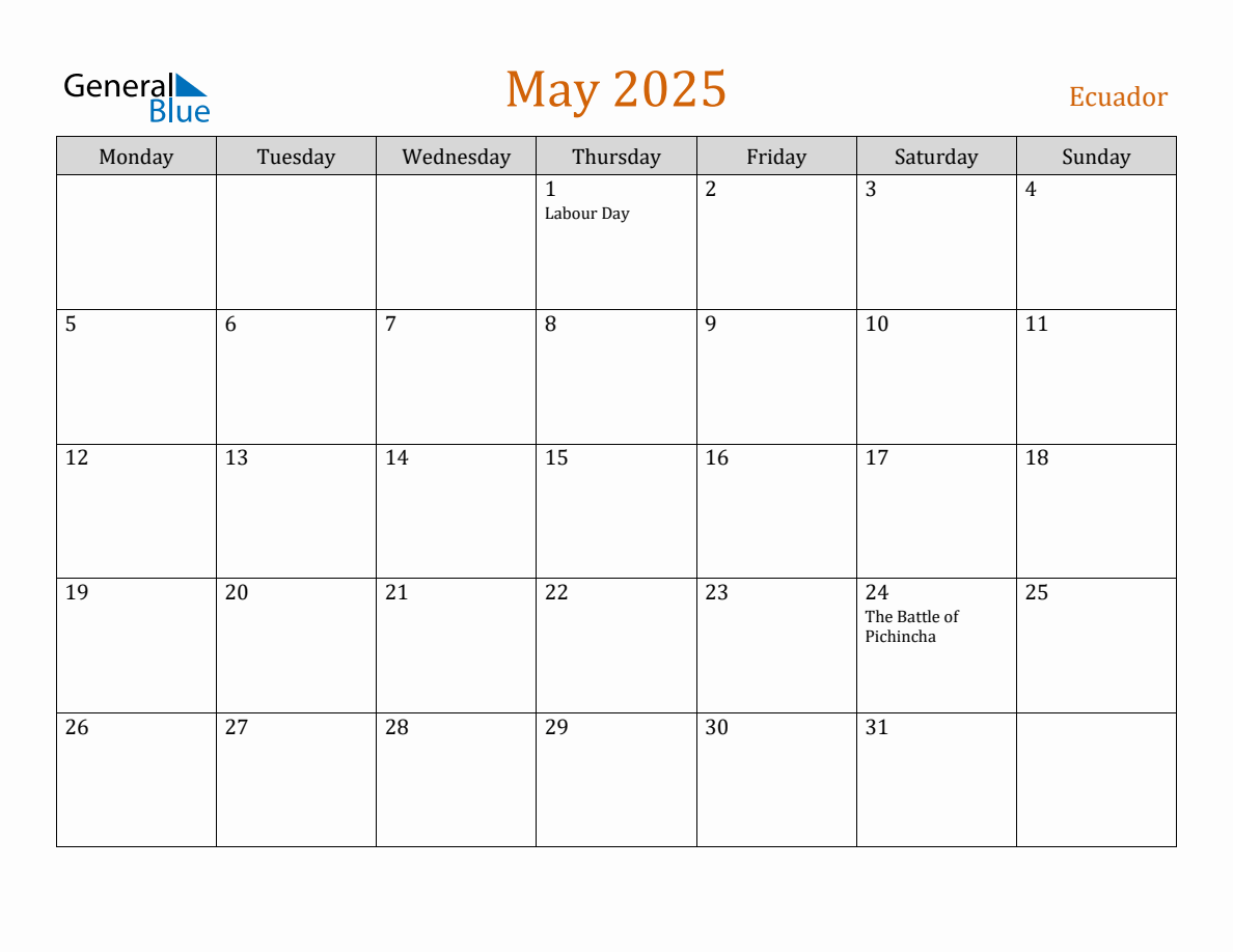 Free May 2025 Ecuador Calendar