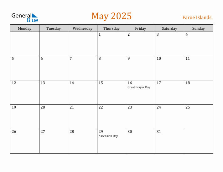 May 2025 Faroe Islands Monthly Calendar with Holidays