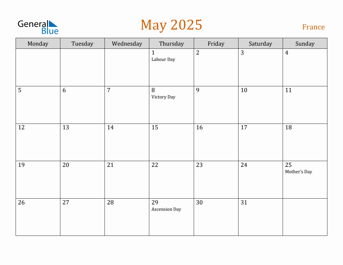 Free May 2025 France Calendar