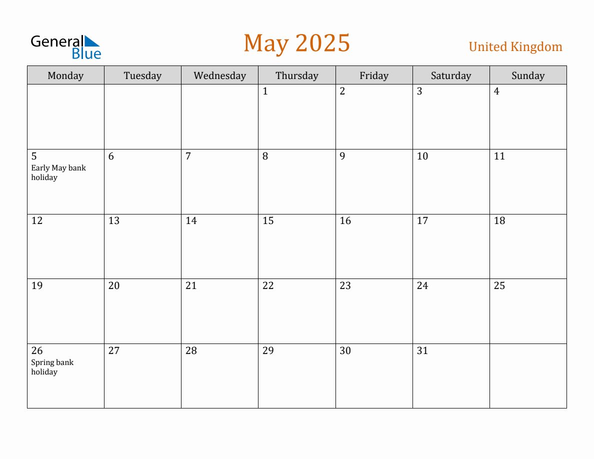 Free May 2025 United Kingdom Calendar