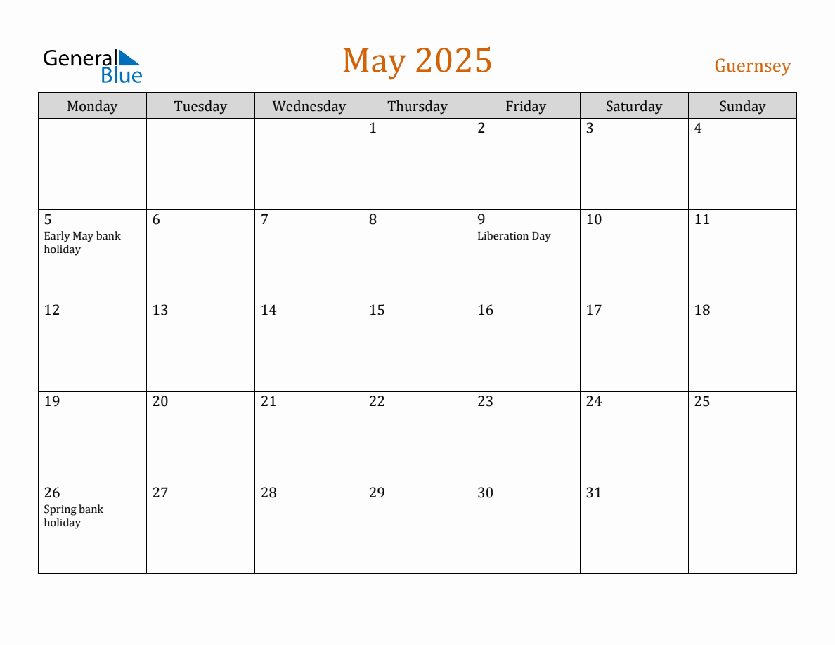 Free May 2025 Guernsey Calendar