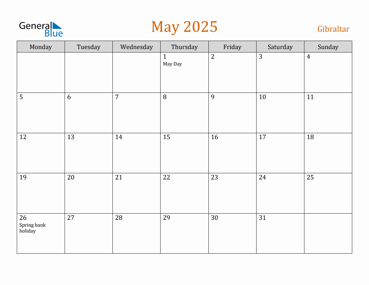 Free May 2025 Gibraltar Calendar