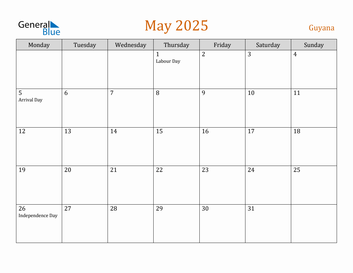 Free May 2025 Guyana Calendar