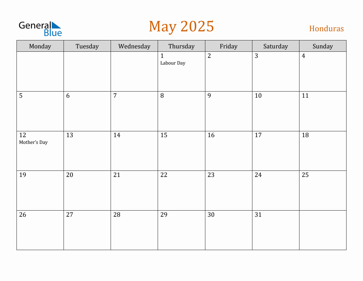 Free May 2025 Honduras Calendar