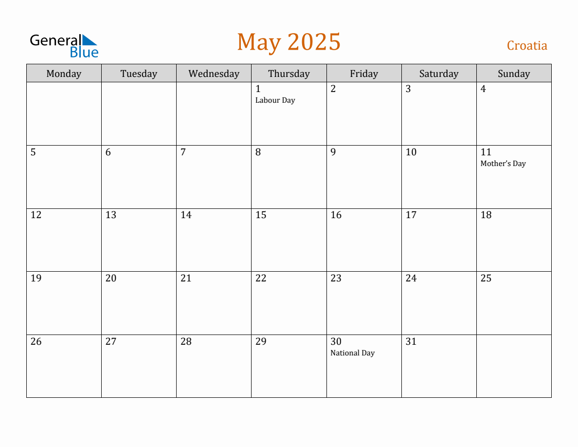 Free May 2025 Croatia Calendar