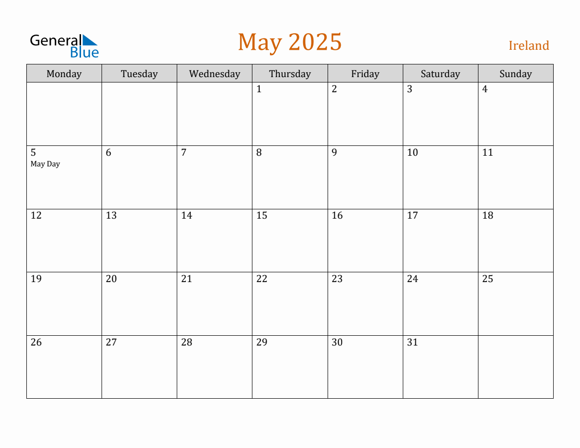 Free May 2025 Ireland Calendar