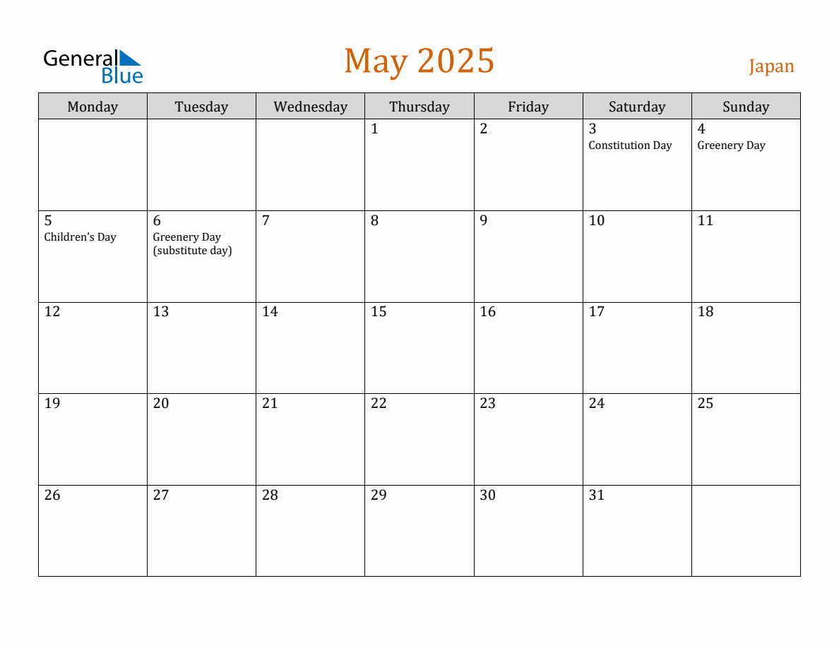 Free May 2025 Japan Calendar