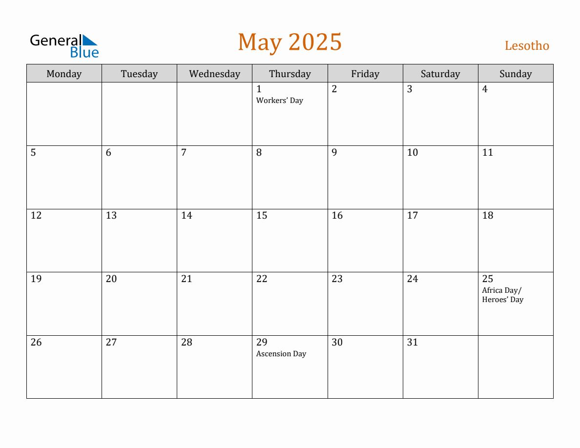 Free May 2025 Lesotho Calendar