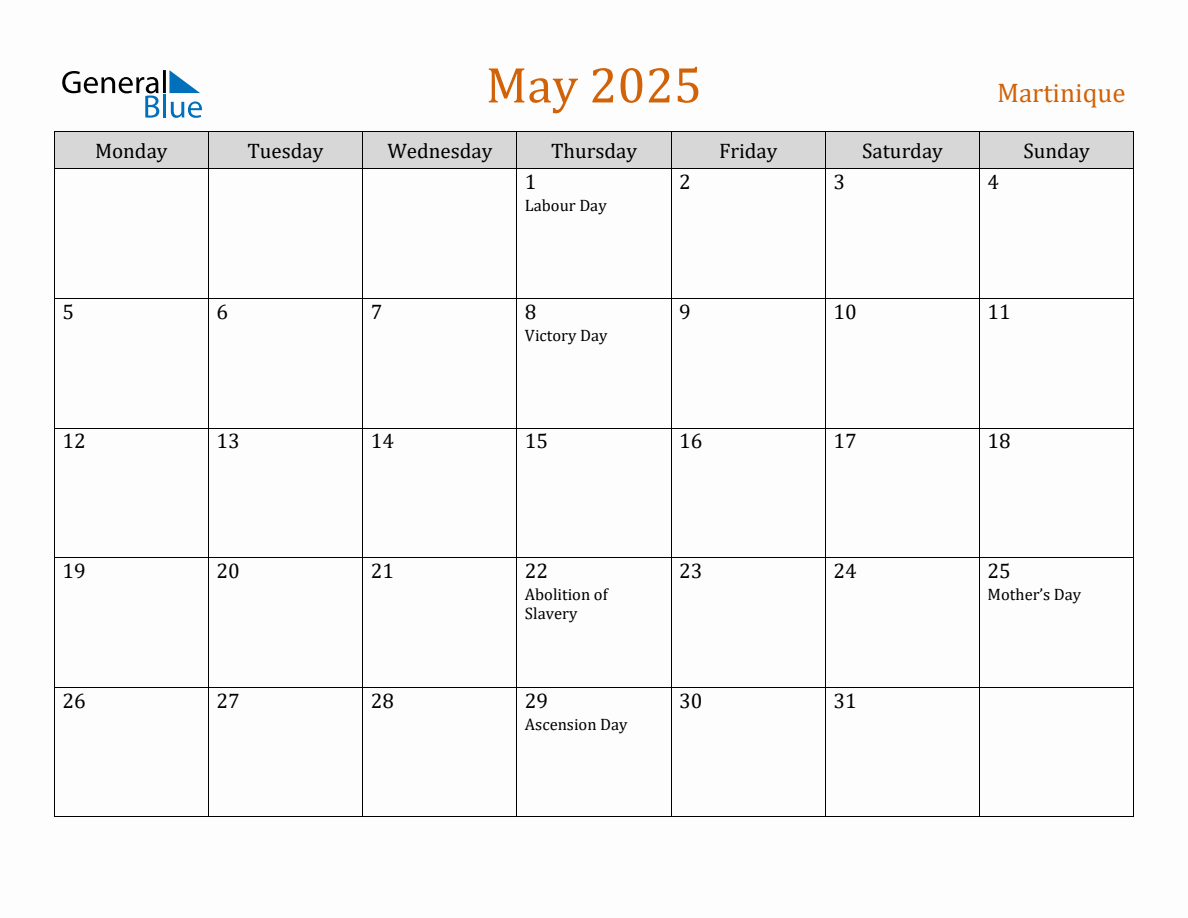 Free May 2025 Martinique Calendar