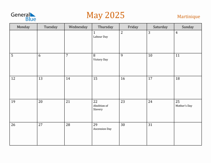 Free May 2025 Martinique Calendar