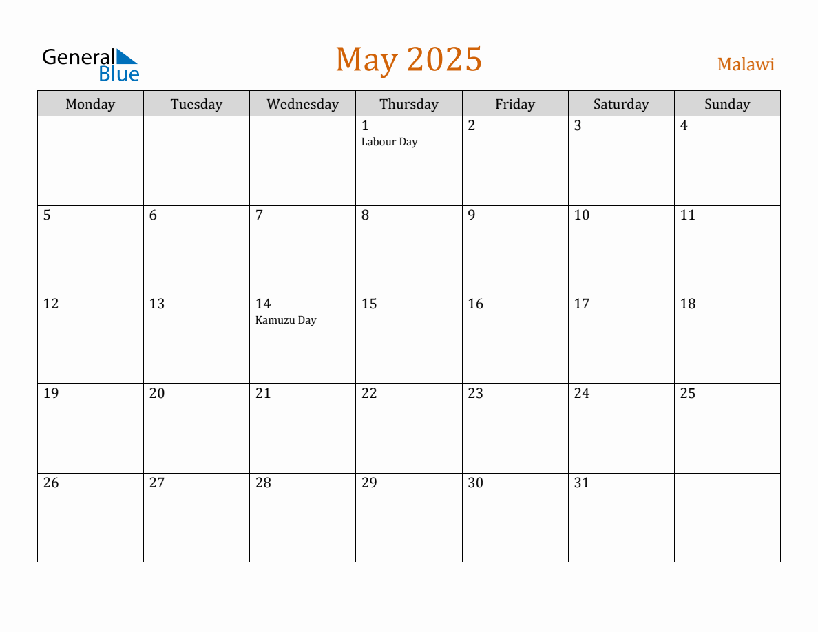 Free May 2025 Malawi Calendar