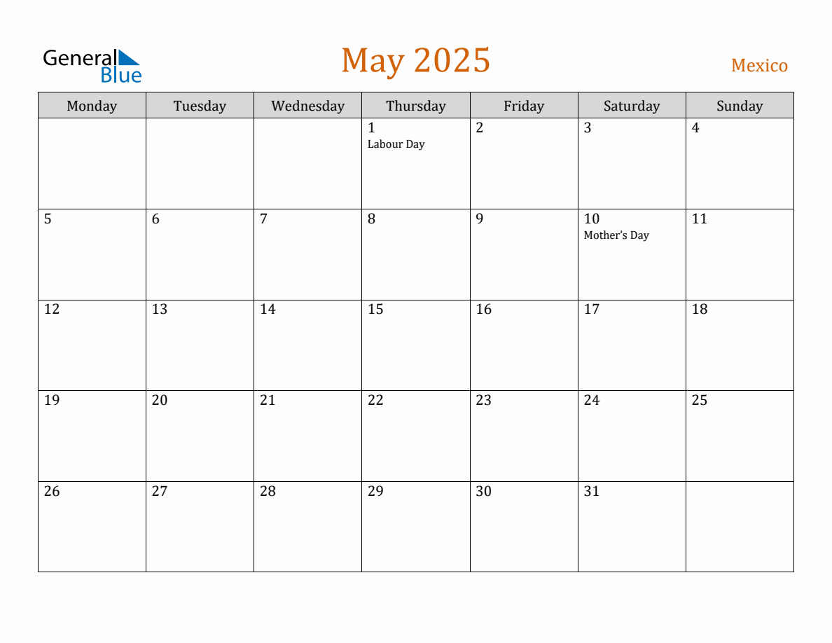 Free May 2025 Mexico Calendar