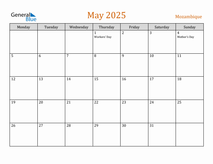 May 2025 Holiday Calendar with Monday Start