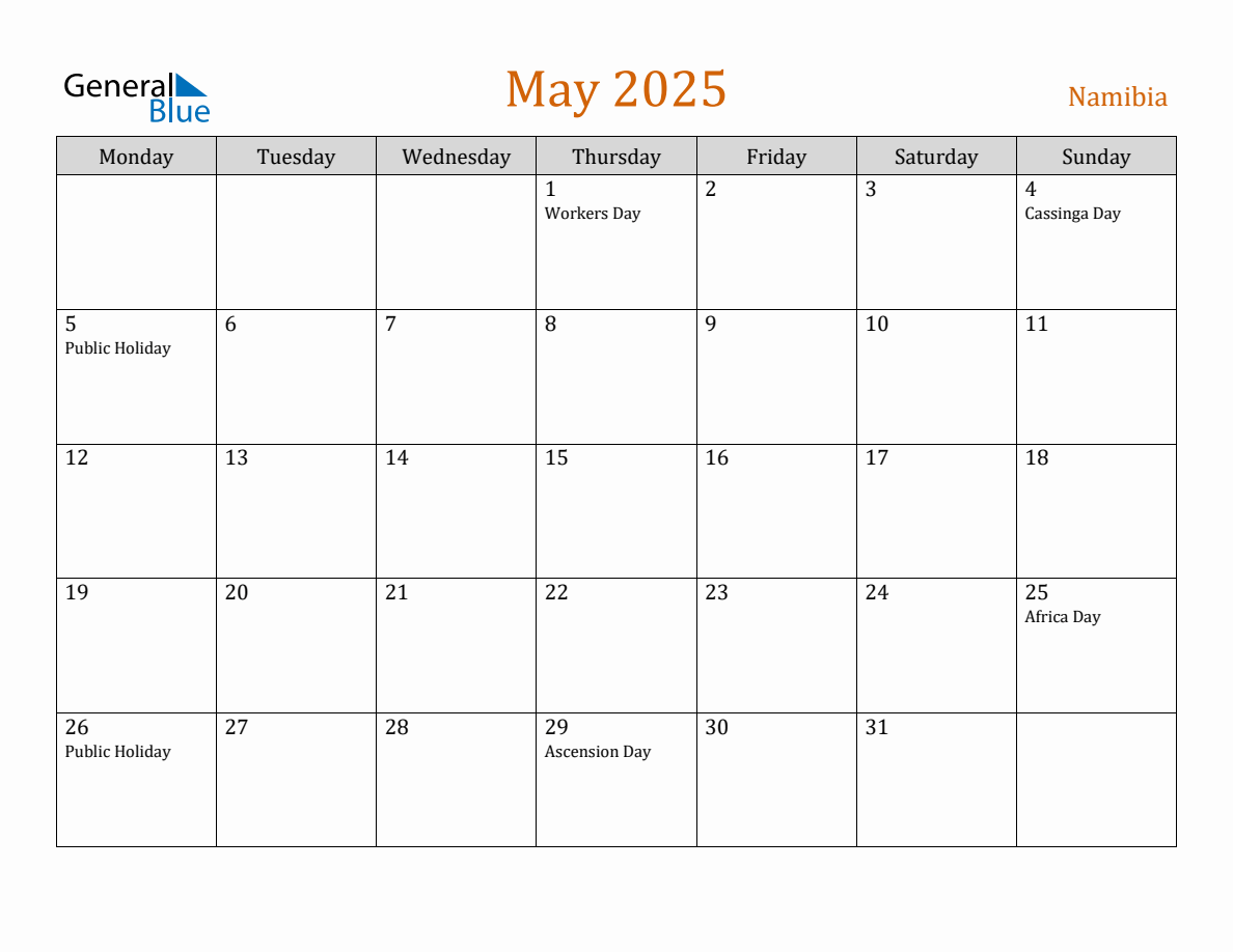 Free May 2025 Namibia Calendar