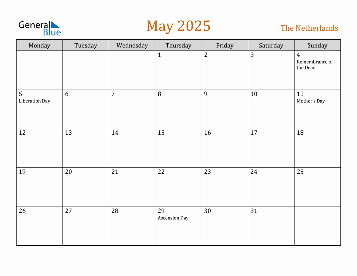 Free May 2025 Netherlands Calendar