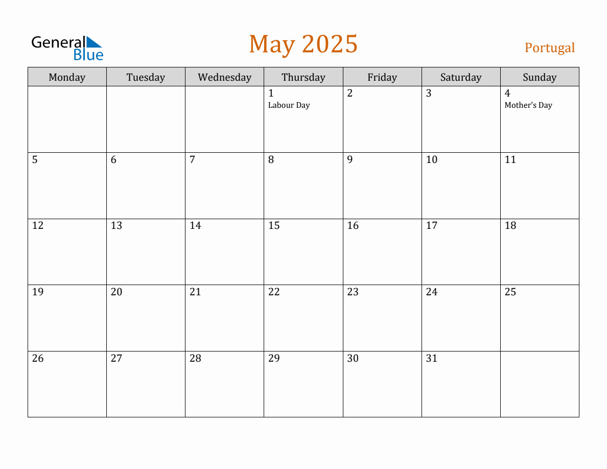 Free May 2025 Portugal Calendar